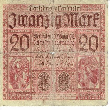 1918 GERMANY WW ERA NAZI BERLIN MINT 20 MARK BANKNOTE  802