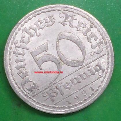 1921 F STUTTGART MINT GERMAN EMPIRE WEIMAR REPUBLIC 50 PFENNIG WW 1 ERA COIN