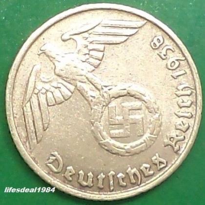 1938 E DRESDEN MINT NAZI WORLD WAR HITLERs ERA 10 Reichpennig coin (b)