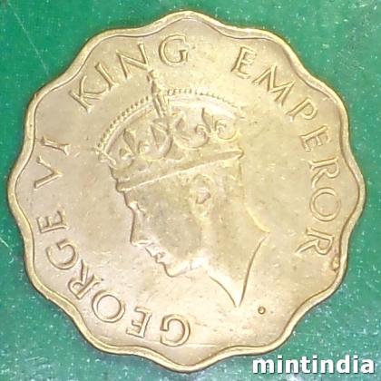 1944 ONE ANNA KGVI 2nd portrait large crown low relief BRITISH INDIA BOMBAY MINT COIN EF332